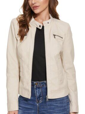 Women's White Zip Leather Jackets Motorcycle Stylish Moto Biker Outwear Coat
